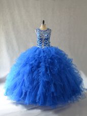 Sweet Sleeveless Floor Length Beading and Ruffles Side Zipper Quinceanera Gowns with Blue