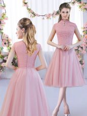 Shining Pink A-line Tulle High-neck Cap Sleeves Lace Tea Length Zipper Quinceanera Dama Dress
