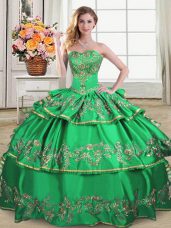 Floor Length Lace Up 15th Birthday Dress Green for Sweet 16 and Quinceanera with Embroidery and Ruffled Layers