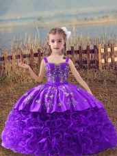 Nice Sleeveless Embroidery Lace Up Little Girls Pageant Gowns with Lavender Sweep Train