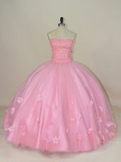 Glorious Tulle Sweetheart Sleeveless Lace Up Beading and Hand Made Flower Quince Ball Gowns in Baby Pink