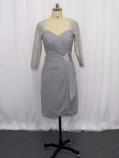 Grey Evening Dress Prom and Party with Beading and Ruching Sweetheart Half Sleeves Zipper