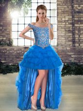 Attractive Blue A-line Off The Shoulder Sleeveless Tulle High Low Lace Up Beading and Pick Ups Homecoming Party Dress
