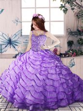 Sleeveless Brush Train Lace Up Beading and Ruffled Layers Pageant Dress for Girls