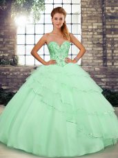 Beading and Ruffled Layers 15 Quinceanera Dress Apple Green Lace Up Sleeveless Brush Train