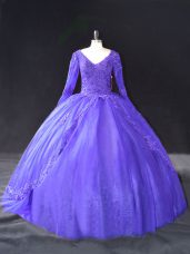 Extravagant Tulle V-neck Long Sleeves Lace Up Lace and Appliques Ball Gown Prom Dress in Purple