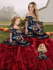 Best Red And Black 15th Birthday Dress Military Ball and Sweet 16 and Quinceanera with Embroidery and Ruffles Off The Shoulder Sleeveless Lace Up