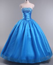 Extravagant Strapless Sleeveless Lace Up Sweet 16 Dresses Blue Organza