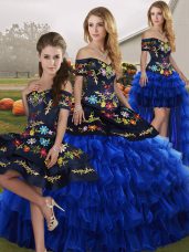 Popular Blue And Black Ball Gowns Off The Shoulder Sleeveless Organza Floor Length Lace Up Embroidery and Ruffled Layers Sweet 16 Dress