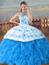 Modern Baby Blue Ball Gowns Halter Top Sleeveless Organza Court Train Lace Up Embroidery and Ruffles Sweet 16 Dresses