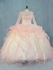Floor Length Lace Up Vestidos de Quinceanera Peach for Sweet 16 and Quinceanera with Beading and Ruffles