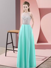 Apple Green Sleeveless Floor Length Beading Backless Evening Dress