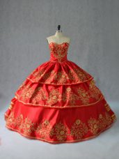 Gorgeous Floor Length Red Quinceanera Dresses Satin Sleeveless Embroidery and Ruffled Layers