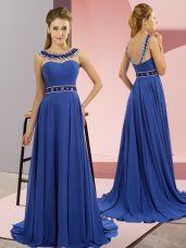 Empire Sleeveless Royal Blue Prom Dress Brush Train Zipper