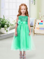 Turquoise Organza Zipper Toddler Flower Girl Dress Sleeveless Tea Length Sequins and Hand Made Flower