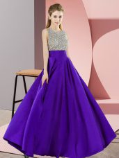 Purple Empire Scoop Sleeveless Elastic Woven Satin Floor Length Backless Beading Prom Party Dress