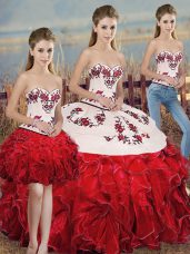 Unique White And Red Organza Lace Up Quinceanera Dress Sleeveless Floor Length Embroidery and Ruffles and Bowknot