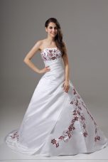 Luxurious White Strapless Neckline Embroidery Wedding Gowns Sleeveless Lace Up