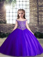 Floor Length Purple Child Pageant Dress Tulle Sleeveless Beading