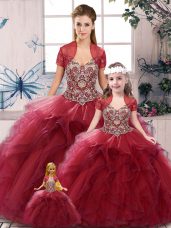 Noble Burgundy Off The Shoulder Neckline Beading and Ruffles Sweet 16 Dress Sleeveless Lace Up