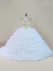 Glittering Brush Train Ball Gowns Quinceanera Gowns White V-neck Organza Sleeveless Lace Up