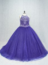 Low Price Purple Sleeveless Tulle Brush Train Lace Up Quinceanera Dresses for Sweet 16 and Quinceanera