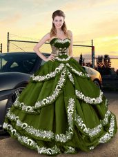 Olive Green Ball Gown Prom Dress Sweet 16 and Quinceanera with Embroidery and Ruffled Layers Sweetheart Sleeveless Lace Up