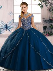 Glittering Blue Sweetheart Neckline Beading Quinceanera Gowns Cap Sleeves Lace Up