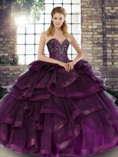 Sweetheart Sleeveless Quince Ball Gowns Floor Length Beading and Ruffles Dark Purple Tulle