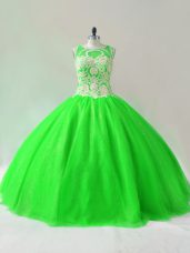 Green Lace Up Scoop Beading Quinceanera Gown Tulle Sleeveless