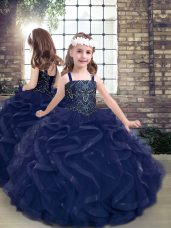 Enchanting Beading and Ruffles Little Girls Pageant Gowns Navy Blue Lace Up Sleeveless Floor Length