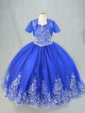 Trendy Floor Length Lace Up Kids Formal Wear Royal Blue for Wedding Party with Beading and Embroidery