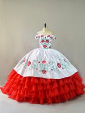 Colorful Sleeveless Embroidery and Ruffled Layers Lace Up Quinceanera Gown with White And Red Court Train
