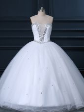 Sweetheart Sleeveless Tulle Wedding Dresses Beading Brush Train Lace Up