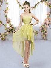 Yellow Lace Up Dama Dress for Quinceanera Beading Sleeveless High Low
