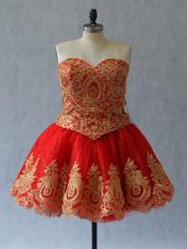 Appliques and Embroidery Homecoming Dress Red Lace Up Sleeveless Mini Length