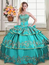 Aqua Blue Lace Up Sweetheart Embroidery and Ruffled Layers Sweet 16 Dress Satin and Organza Sleeveless