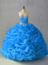 Graceful Sweetheart Sleeveless Sweet 16 Dress Floor Length Beading and Pick Ups and Hand Made Flower Blue Organza