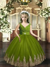 Olive Green Backless Kids Formal Wear Embroidery Sleeveless Floor Length