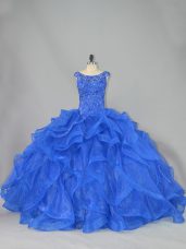 Lace Up Quinceanera Gowns Royal Blue for Sweet 16 and Quinceanera with Beading and Ruffles Brush Train