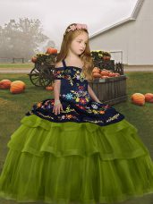 Olive Green Ball Gowns Embroidery Little Girl Pageant Gowns Lace Up Tulle Sleeveless Floor Length