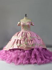 Sleeveless Embroidery and Ruffles Lace Up Quinceanera Dress with Lilac Chapel Train