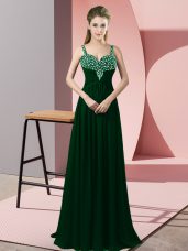 Dark Green Zipper Straps Beading Prom Evening Gown Chiffon Sleeveless