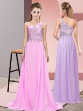 Floor Length Pink Prom Party Dress Chiffon Sleeveless Beading