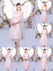 Sophisticated Tea Length Baby Pink Court Dresses for Sweet 16 V-neck Sleeveless Lace Up