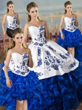 Fitting Floor Length Lace Up Vestidos de Quinceanera Blue And White for Sweet 16 and Quinceanera with Embroidery and Ruffles