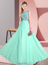 Apple Green Sleeveless Beading and Appliques Floor Length Dama Dress for Quinceanera