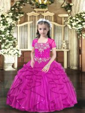 Fuchsia Sleeveless Floor Length Beading Lace Up Little Girls Pageant Dress Wholesale