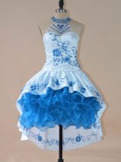 Edgy Blue Celeb Inspired Gowns Prom and Party and Military Ball and Sweet 16 with Embroidery and Ruffles Halter Top Sleeveless Lace Up