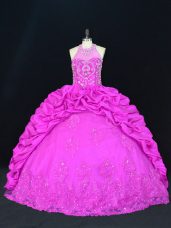 Fuchsia Halter Top Neckline Beading and Appliques and Pick Ups 15th Birthday Dress Sleeveless Lace Up